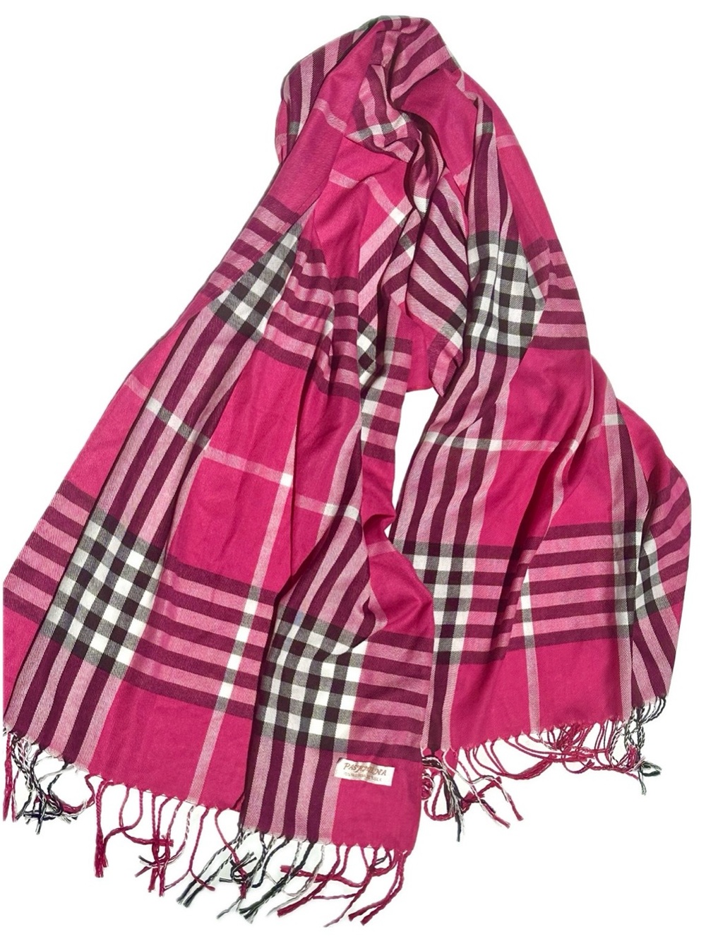 70% Pashmina & Silk Plaid Pink Fringe Shawl Wrap Scarf Women Accessories 72”x27”